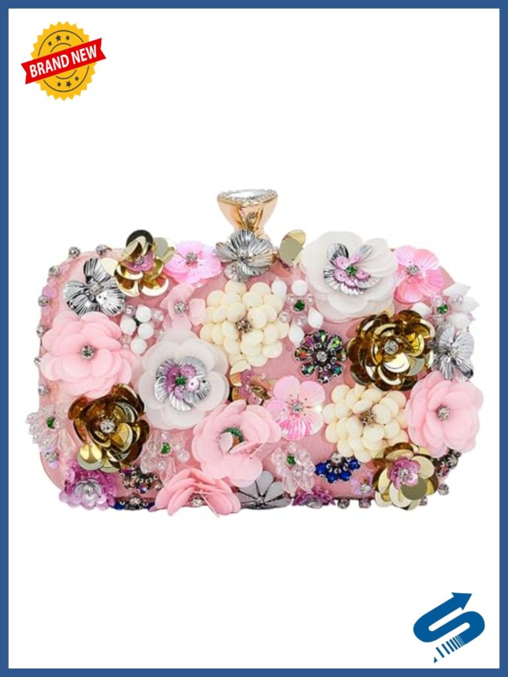 Satin Floral Beaded Clutch Evening Bag with Detachable Chain